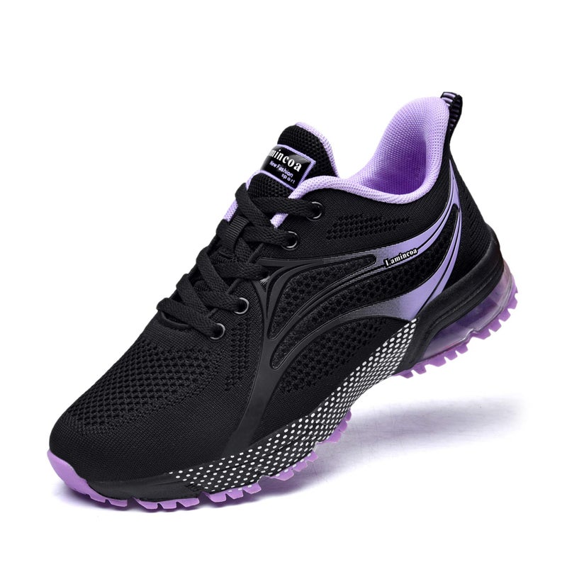 Lamincoa Women's Fashion Sneakers Anti-Slip Rubber Outsole Colorful Athletic Running Shoes for Long Time Stand Black-Purple 8 - Image 1