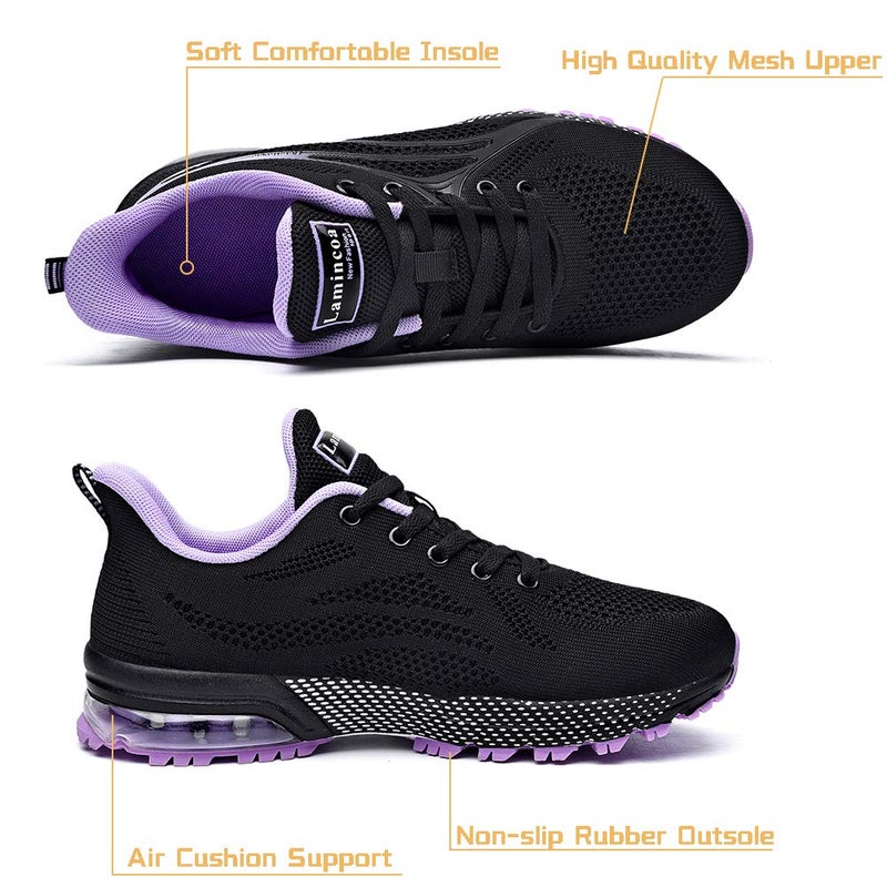 Lamincoa Women's Fashion Sneakers Anti-Slip Rubber Outsole Colorful Athletic Running Shoes for Long Time Stand Black-Purple 8 - Image 3