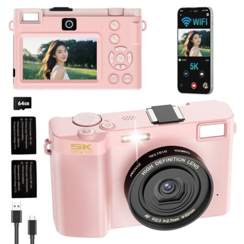 5K Digital Camera for PhotographyandVideo, 64MP Front and Rear Dual Cameras Vlogging Camera, 18X Digital Zoom Anti-Shake Travel Camera, Auto-Focus Point (Deluxe Edition - Image 1