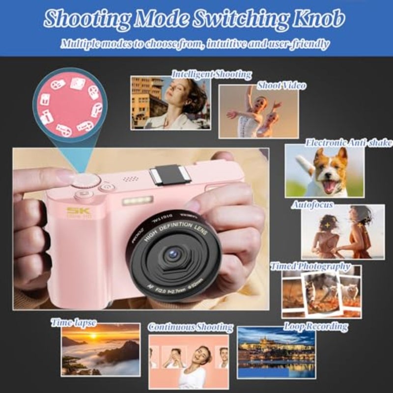 5K Digital Camera for PhotographyandVideo, 64MP Front and Rear Dual Cameras Vlogging Camera, 18X Digital Zoom Anti-Shake Travel Camera, Auto-Focus Point (Deluxe Edition - Image 5