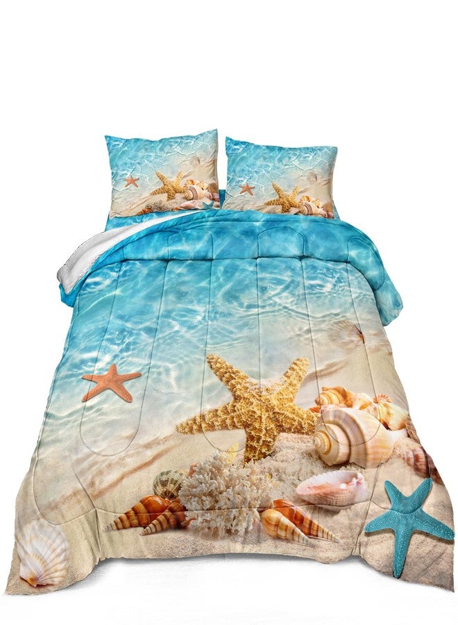 Bedbay طقم لحاف سرير بيدباي بموضوع الشاطئ بحجم كوين - طقم لحاف ساحلي - حياة بحرية - لون تركوازي - نجمة البحر - طقم لحاف كوين - طقم لحاف ناعم من الألياف الدقيقة 3 قطع (أكوا، كوين) - Image 4