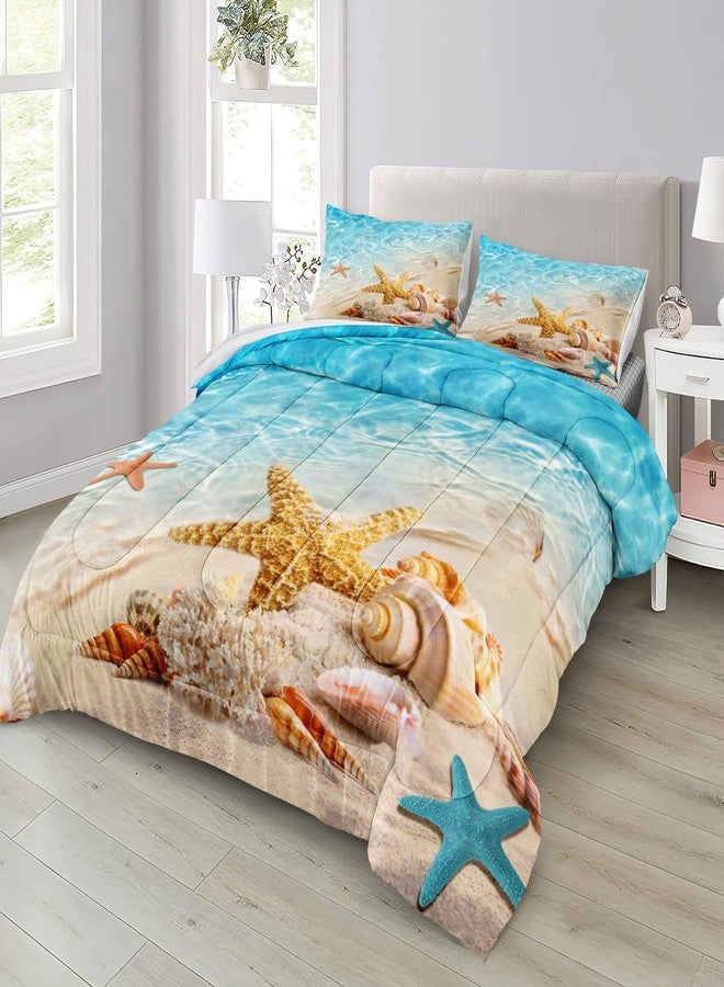 Bedbay طقم لحاف سرير بيدباي بموضوع الشاطئ بحجم كوين - طقم لحاف ساحلي - حياة بحرية - لون تركوازي - نجمة البحر - طقم لحاف كوين - طقم لحاف ناعم من الألياف الدقيقة 3 قطع (أكوا، كوين) - Image 2