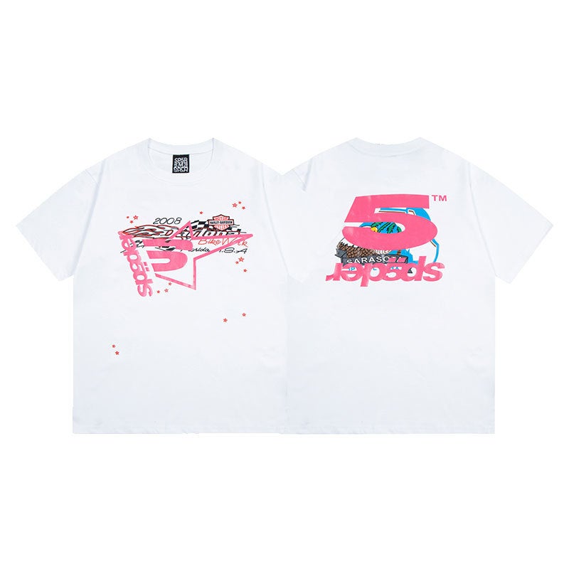 Foreign order Sp5der555555 foam spider web printing mens loose casual short sleeve niche fashion brand cotton T-shirt S09 apricot - Image 3