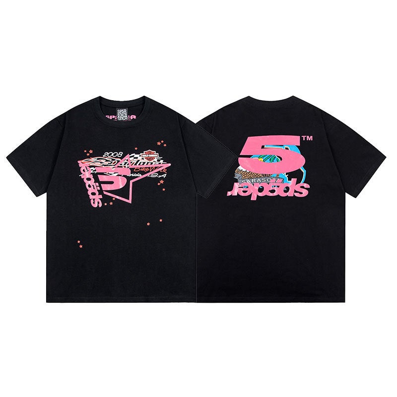 Foreign order Sp5der555555 foam spider web printing mens loose casual short sleeve niche fashion brand cotton T-shirt S09 apricot - Image 2