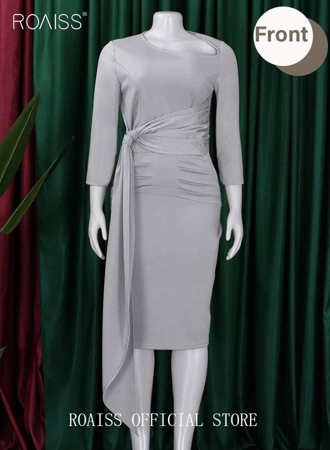 roaiss New Arrival Large Size  Hip Dress for Women Pleated Pure Color Drawstring Puff Sleeve High-Rise Dress OL Style Party Dress Ladies 3/4 Sleeve Summer Clothing for Ladies Ramadan Eid al-Adha  - Image 3