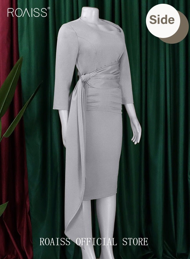 roaiss New Arrival Large Size  Hip Dress for Women Pleated Pure Color Drawstring Puff Sleeve High-Rise Dress OL Style Party Dress Ladies 3/4 Sleeve Summer Clothing for Ladies Ramadan Eid al-Adha  - Image 4