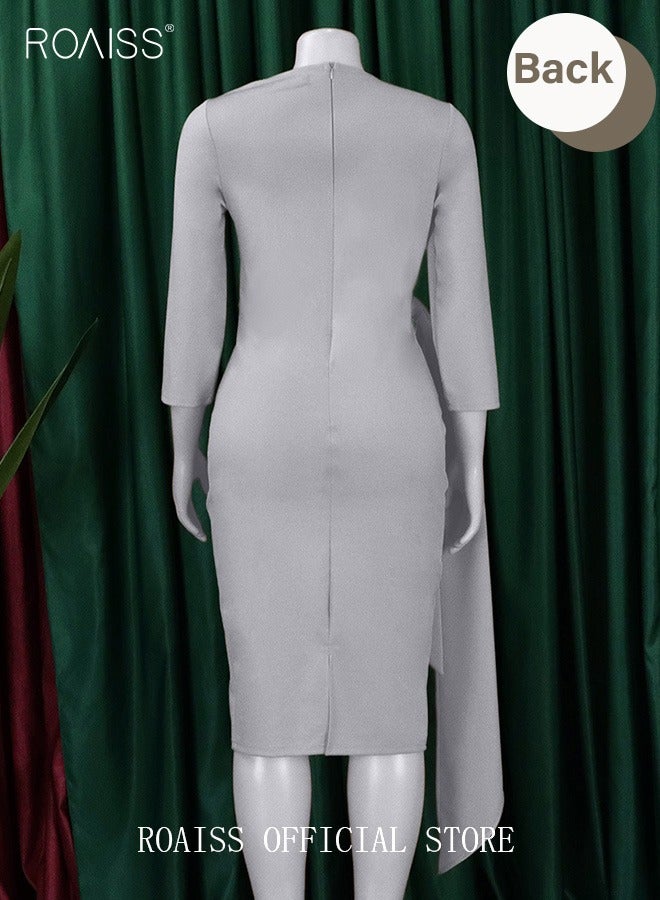 roaiss New Arrival Large Size  Hip Dress for Women Pleated Pure Color Drawstring Puff Sleeve High-Rise Dress OL Style Party Dress Ladies 3/4 Sleeve Summer Clothing for Ladies Ramadan Eid al-Adha  - Image 5