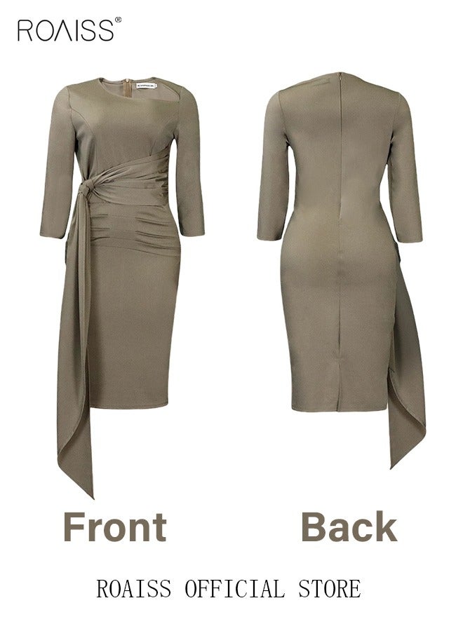 roaiss New Arrival Large Size  Hip Dress for Women Pleated Pure Color Drawstring Puff Sleeve High-Rise Dress OL Style Party Dress Ladies 3/4 Sleeve Summer Clothing for Ladies Ramadan Eid al-Adha  - Image 2