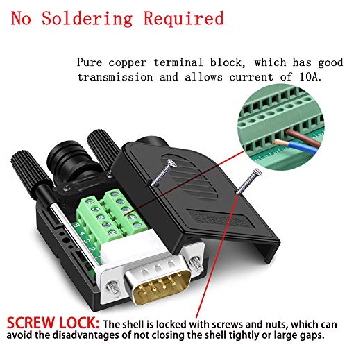 ANMBEST 2PCS DB9 Solderless Connector, RS232 D-SUB Serial to 9-Pin Port Terminal Male Adapter Connector Breakout Board with Locking Housing - Image 3