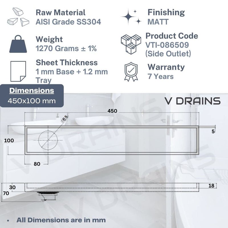 V DRAINS 450x100 mm Tile Marble Insert Floor Shower Drain Channel | Linear (Long) Drain for Bathrooms, Floor, Balconies of SS (Grade AISI 304 18/8) with Cockroach Trap | Side Outlet (18x4 inches) - Image 2