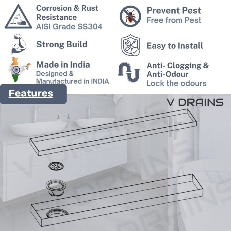 V DRAINS 450x100 mm Tile Marble Insert Floor Shower Drain Channel | Linear (Long) Drain for Bathrooms, Floor, Balconies of SS (Grade AISI 304 18/8) with Cockroach Trap | Side Outlet (18x4 inches) - Image 3
