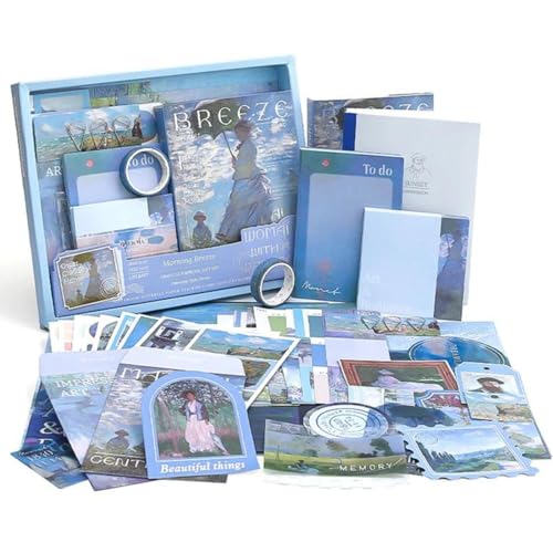 The AutoStory Beautiful Scrapbook Album Kit A6 Junk Journal Aesthetic Stickers Patterned Papers Washi Tape DIY Craft Art Diary Embellishment Women Present Teens Girls (Morning Breeze, Blue) - Image 1
