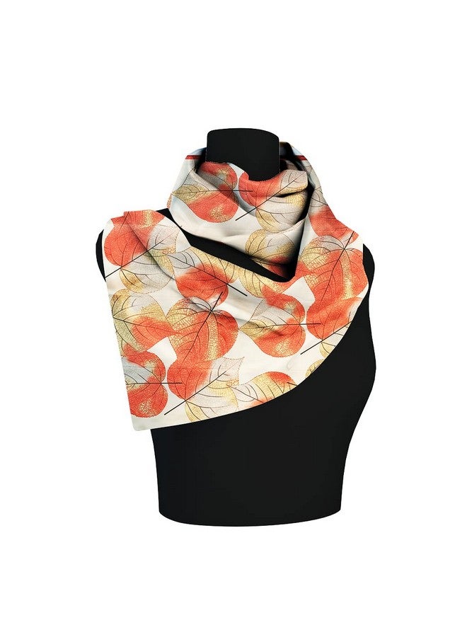Threads & Yarn Scarf for Women Square Satin Silk Like Fashion Accessory Scarves Hijab Wraps Headscarf Size 90 x 90 cms (Leaves_Orange) - Image 2