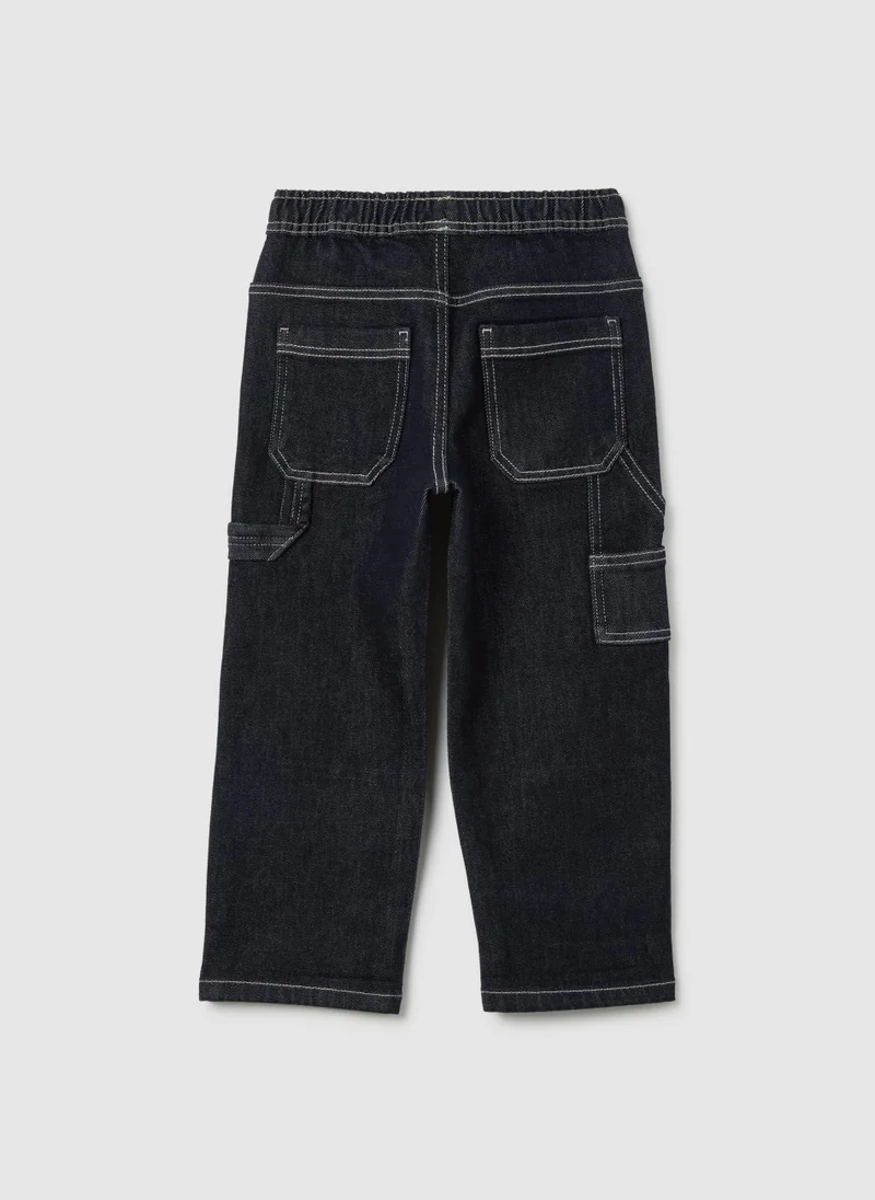 Ovs KIDS' BLACK DENIM RELAXED FIT CARGO TROUSERS