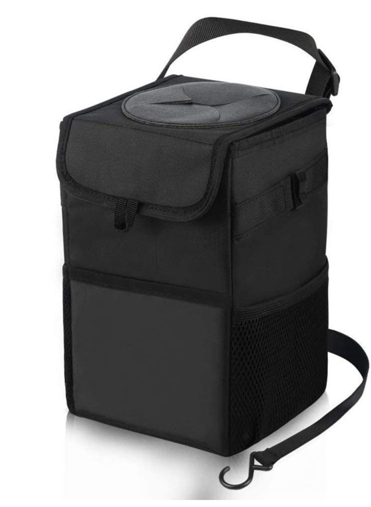 SYOSI Car Trash Can, Foldable Car Bin, Anti-smell Bin with Lid and Side  Pockets, Car Accessory Organizer, Leak-Proof Inside Lining as Drink Cooler Bag Black - Image 1