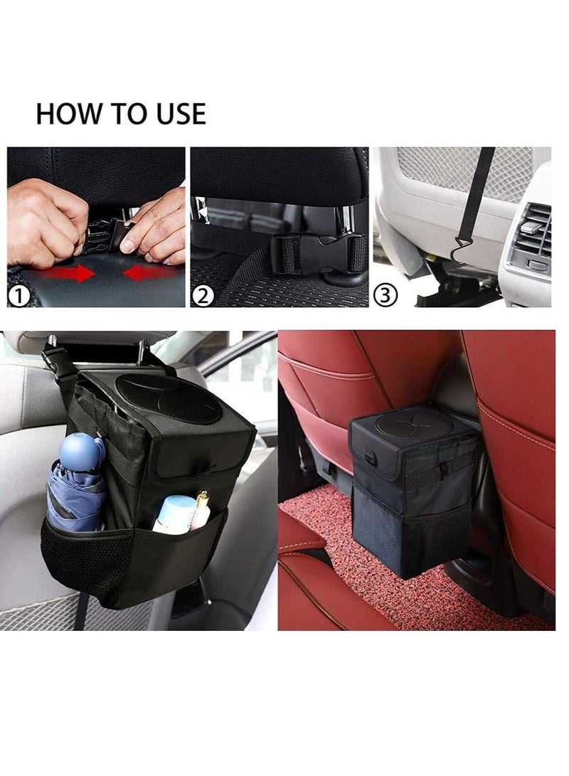 SYOSI Car Trash Can, Foldable Car Bin, Anti-smell Bin with Lid and Side  Pockets, Car Accessory Organizer, Leak-Proof Inside Lining as Drink Cooler Bag Black - Image 3
