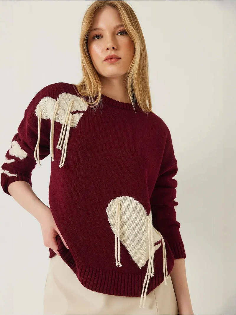 Bianco Lucci Multicolor LUCCI Frilly Heart Pattern Crew Neck Sweater for Women | Best Price UAE