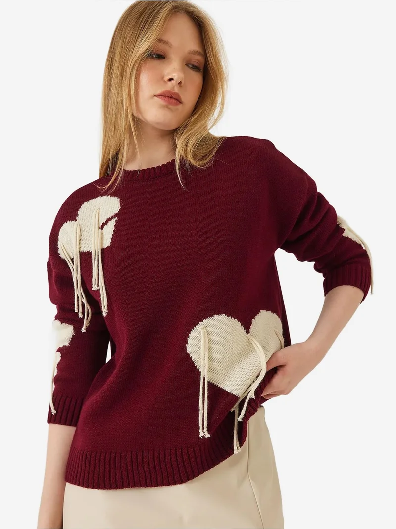 Bianco Lucci Multicolor LUCCI Frilly Heart Pattern Crew Neck Sweater for Women | Best Price UAE