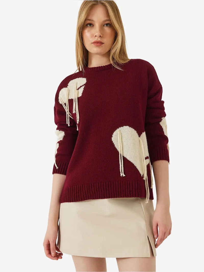 Bianco Lucci Multicolor LUCCI Frilly Heart Pattern Crew Neck Sweater for Women | Best Price UAE