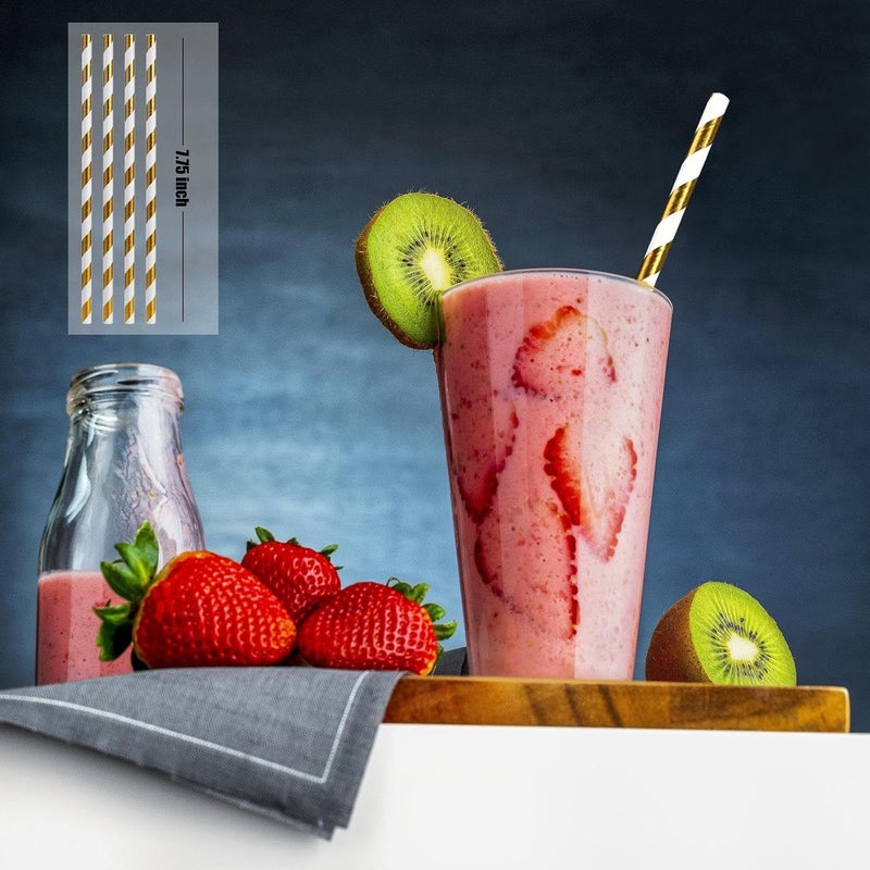 ALINK 100 Counts Stripe Paper Straws (Gold Stripe) - Image 2
