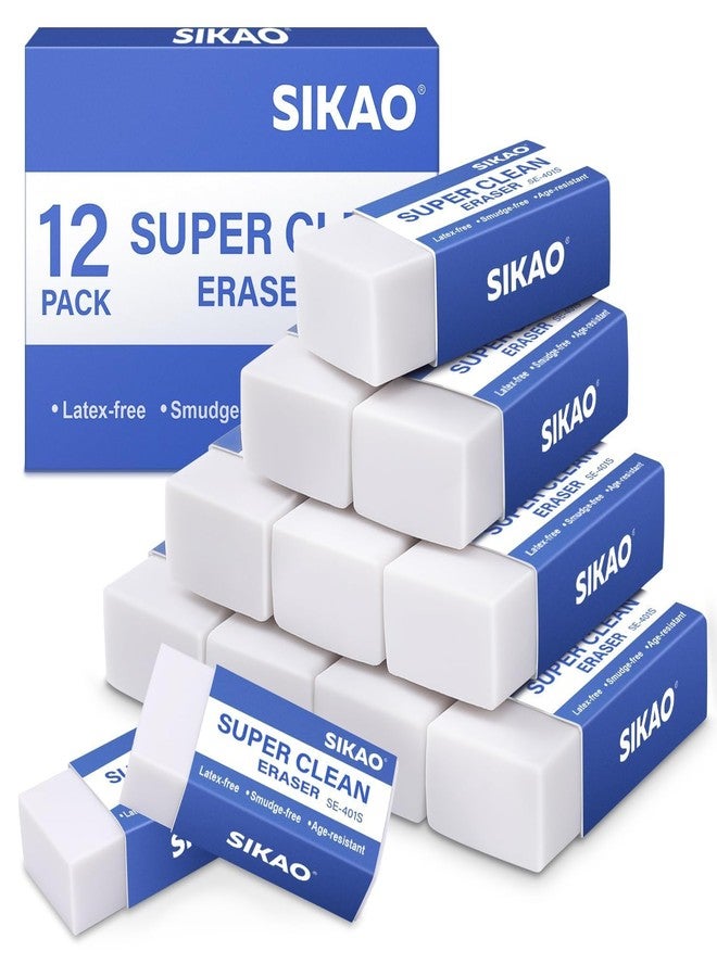 Sikao White Erasers, 12 Pack Block Pencil Erasers - Smudge-Free Latex-Free, Erasers for Kids School Supplies, Clean Erase for Homework, Office & Drawing (Art Use) - Image 1