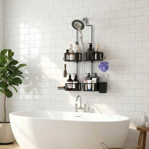 Epicano Hanging Shower Caddy for Handheld Showerheads AntiSwing Overhead ShowerCaddy with Removable Hooks Holders for Razor Sponge Soap Toothbrush Stainless Steel Black - Image 3