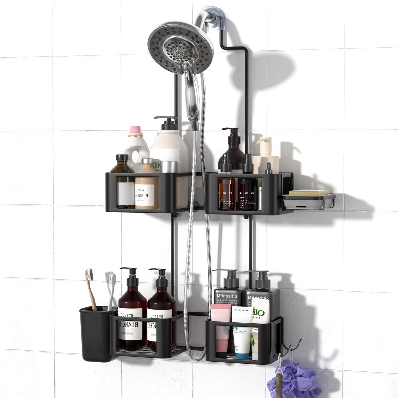 Epicano Hanging Shower Caddy for Handheld Showerheads AntiSwing Overhead ShowerCaddy with Removable Hooks Holders for Razor Sponge Soap Toothbrush Stainless Steel Black - Image 2