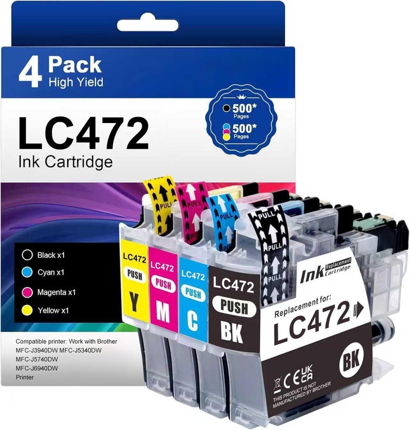 بريتمور مجموعة خرطوشة حبر LC472 مكونة من 4 قطع متوافقة مع Brother LC 472 LC-472 لطابعات Brother MFC-J3940DW MFC-J5340DW MFC-J6940DW (أسود، سماوي، أرجواني، أصفر) - Image 1