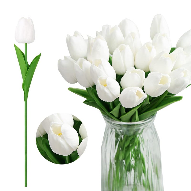 IPOPU 24PCS White Tulips Artificial Flowers Real Touch White Fake Tulips White Flowers Artificial for Decorations Centerpieces for Table Home Decor Indoor Flower Arrangements Artificial