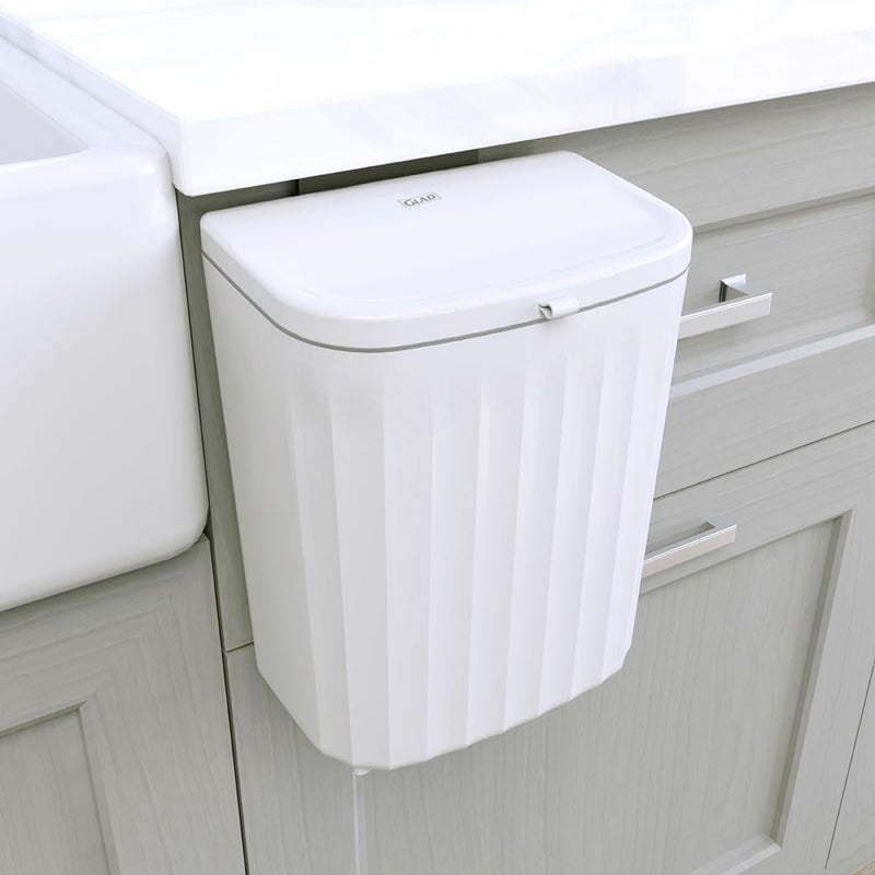 Glad Roomate Under Counter Waste Bin | Space Saving Small Trash Can for Kitchen Cabinet, Bathroom or Office | Dual Lid for Ease of Opening, 9 Liter, White - Image 1