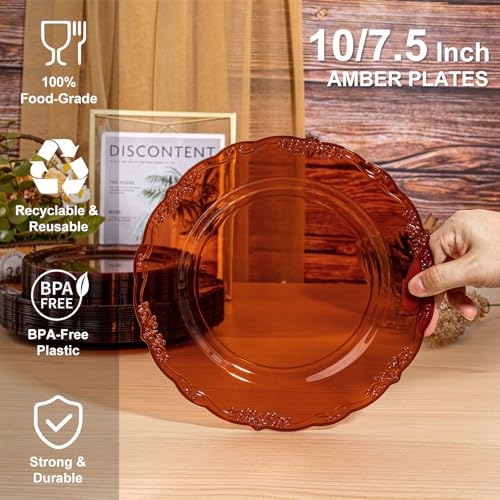 U-QE UQE 100PCS Amber Plastic Plates Clear Brown Plastic Plates Disposable Heavy Duty Disposable Plates for Party Including 50PCS 10 Dinner 50PCS 75 Dessert Plate - Image 5