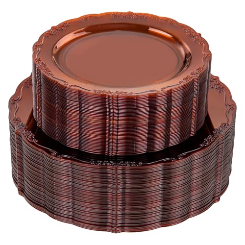 U-QE UQE 100PCS Amber Plastic Plates Clear Brown Plastic Plates Disposable Heavy Duty Disposable Plates for Party Including 50PCS 10 Dinner 50PCS 75 Dessert Plate - Image 2