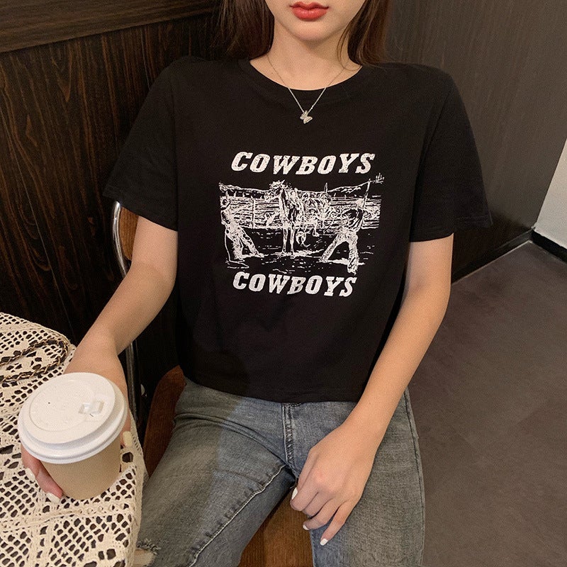 Retro Printed Short-Sleeved T-Shirt for Women 2025 Summer New Style Korean Design Slim Fit Student Top - Image 1