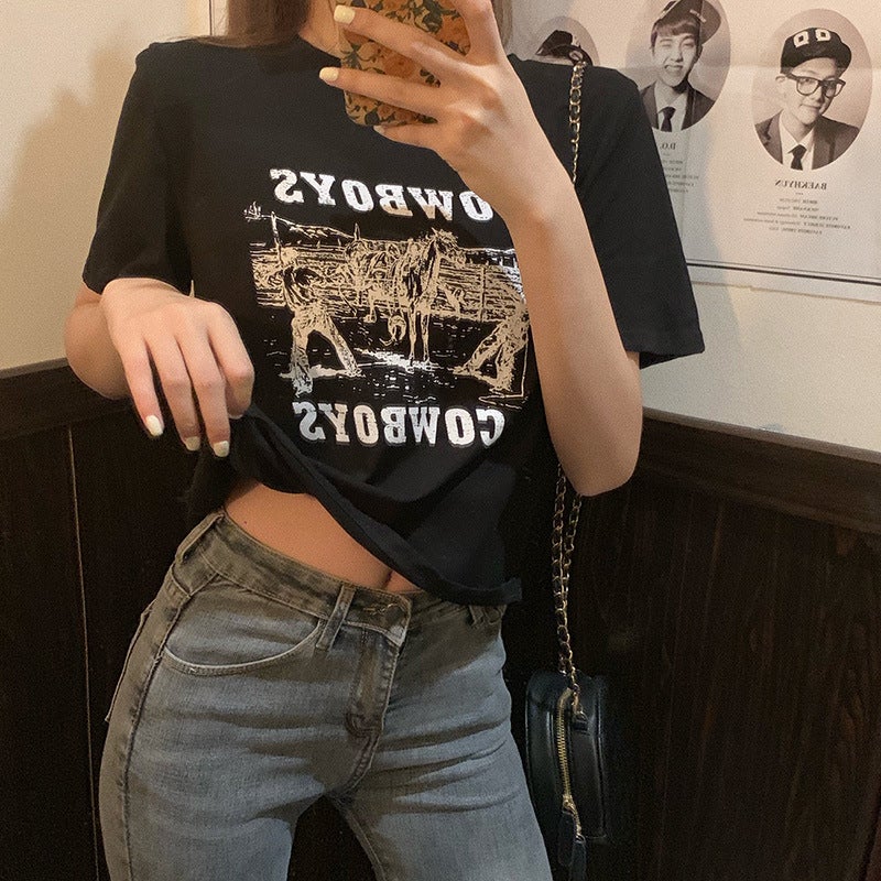 Retro Printed Short-Sleeved T-Shirt for Women 2025 Summer New Style Korean Design Slim Fit Student Top - Image 3