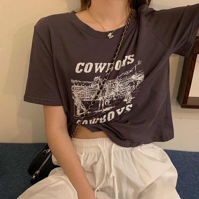 Retro Printed Short-Sleeved T-Shirt for Women 2025 Summer New Style Korean Design Slim Fit Student Top - Image 5