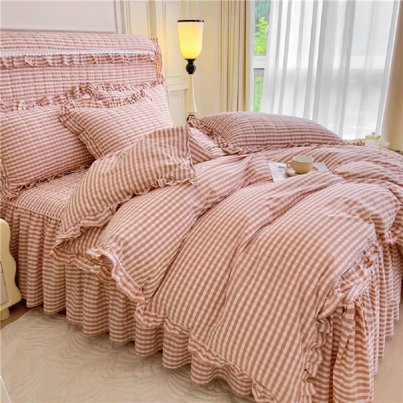 Lifetb Pink Gingham Comforter Set King 3 Pieces Ruffle Pink Plaid Comforter Set Fluffy Soft Grid Bedding Set Vintage Checkered Comforter With 2 Pillowcases Farmhouse Gingham Plaid Bedding Set King - Image 4