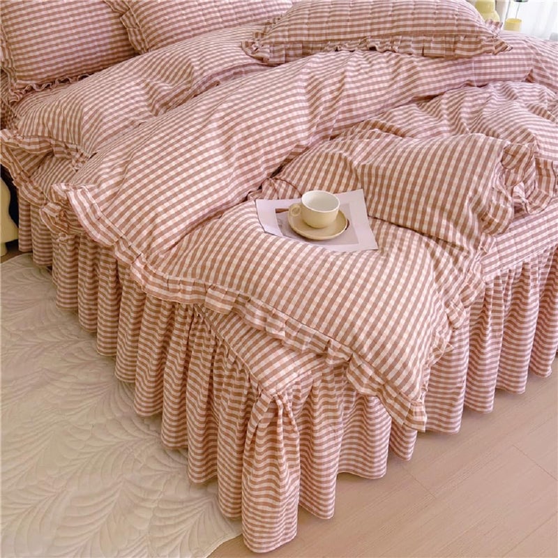 Lifetb Pink Gingham Comforter Set King 3 Pieces Ruffle Pink Plaid Comforter Set Fluffy Soft Grid Bedding Set Vintage Checkered Comforter With 2 Pillowcases Farmhouse Gingham Plaid Bedding Set King - Image 5