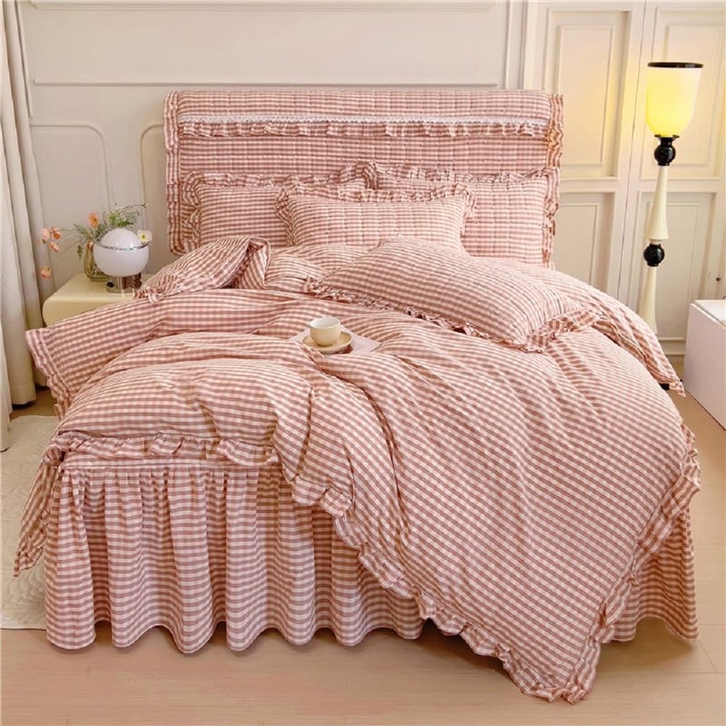 Lifetb Pink Gingham Comforter Set King 3 Pieces Ruffle Pink Plaid Comforter Set Fluffy Soft Grid Bedding Set Vintage Checkered Comforter With 2 Pillowcases Farmhouse Gingham Plaid Bedding Set King - Image 2