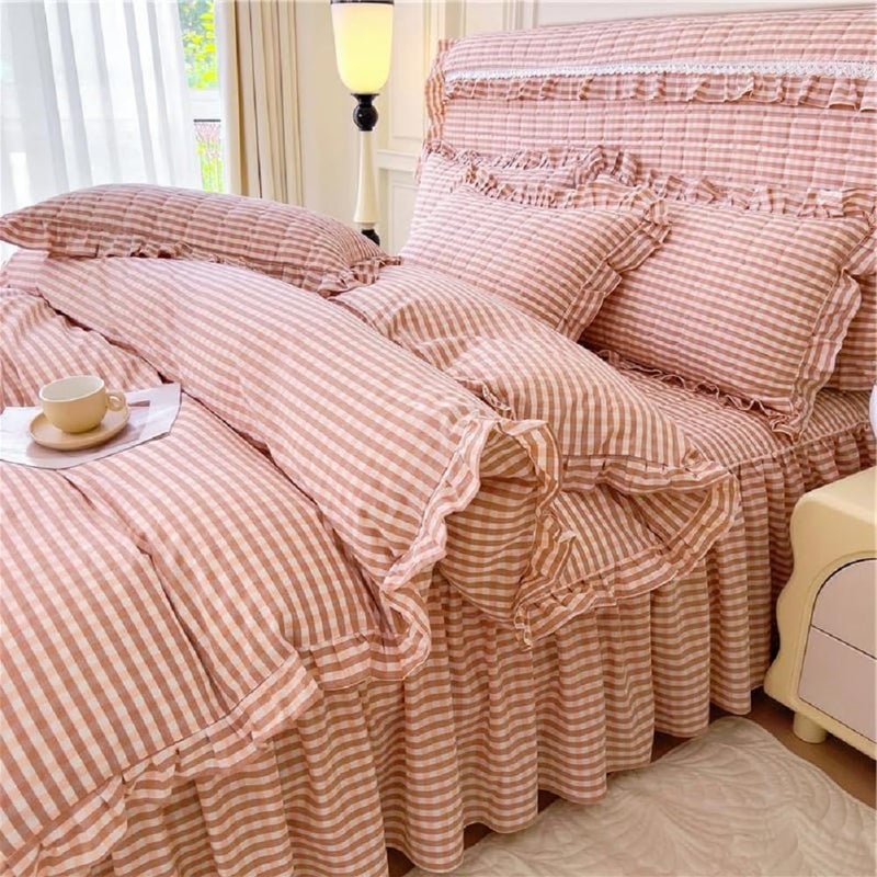 Lifetb Pink Gingham Comforter Set King 3 Pieces Ruffle Pink Plaid Comforter Set Fluffy Soft Grid Bedding Set Vintage Checkered Comforter With 2 Pillowcases Farmhouse Gingham Plaid Bedding Set King - Image 1