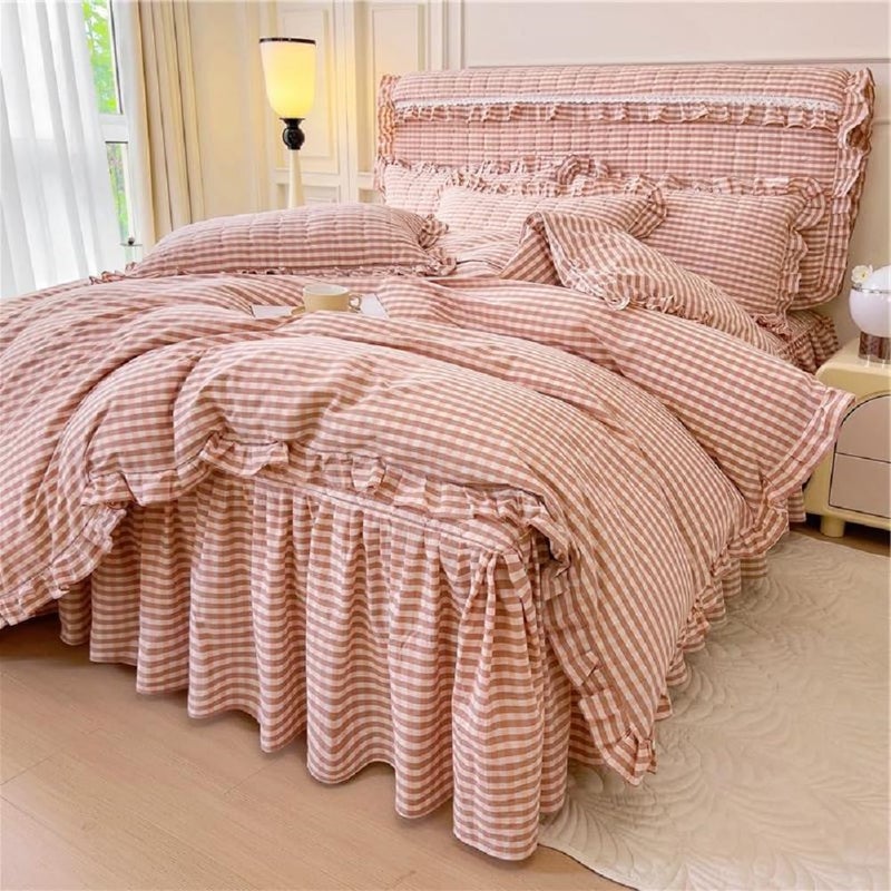 Lifetb Pink Gingham Comforter Set King 3 Pieces Ruffle Pink Plaid Comforter Set Fluffy Soft Grid Bedding Set Vintage Checkered Comforter With 2 Pillowcases Farmhouse Gingham Plaid Bedding Set King - Image 3