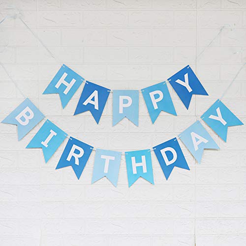 Blukey Happy Birthday Banner With Shiny Gold Letters Swallowtail Design Hanging Signs Party Decorations TriColor Blue - Image 1