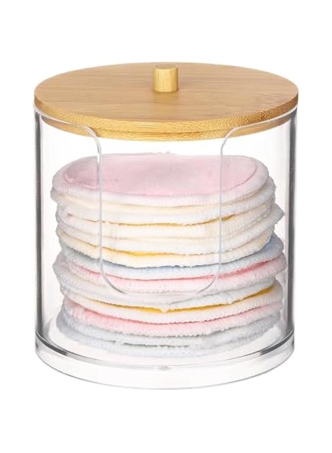Arabest Plastic Cotton Round Holder and Dispenser, Clear Bathroom Organizer Storage for Cotton Pads - Bamboo Lids  - Image 1