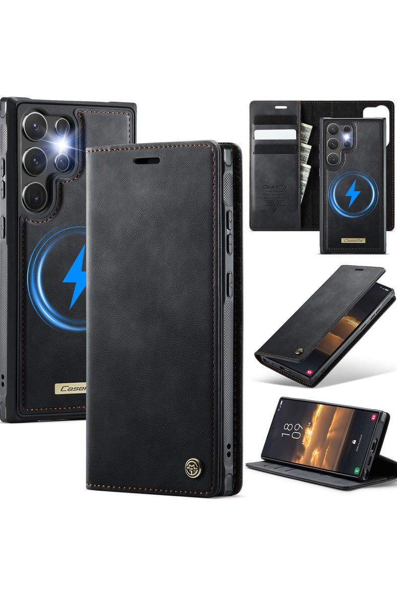 ICARLUS For Samsung Galaxy S24 Ultra 5G Compatible with MagSafe Detachable Wallet Leather Phone Cover - Black - Image 1