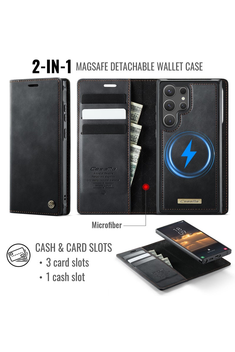 ICARLUS For Samsung Galaxy S24 Ultra 5G Compatible with MagSafe Detachable Wallet Leather Phone Cover - Black - Image 2