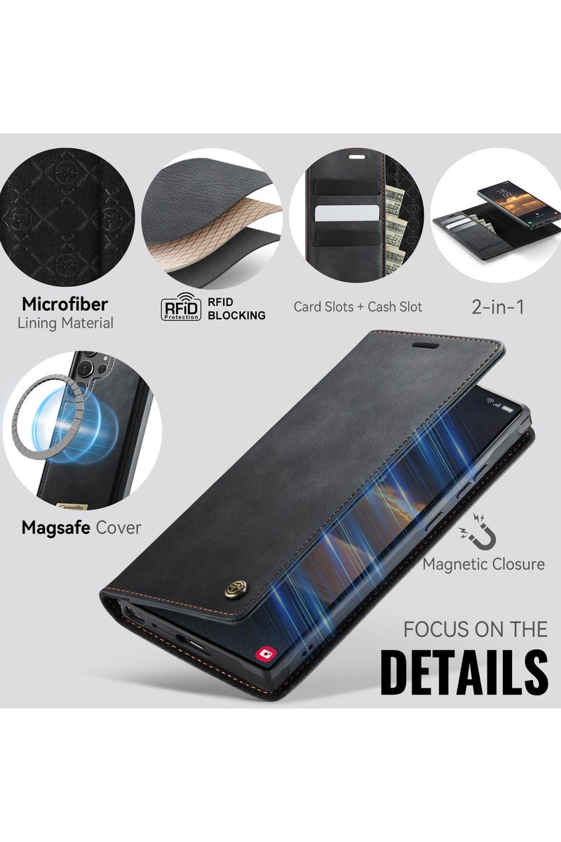 ICARLUS For Samsung Galaxy S24 Ultra 5G Compatible with MagSafe Detachable Wallet Leather Phone Cover - Black - Image 4