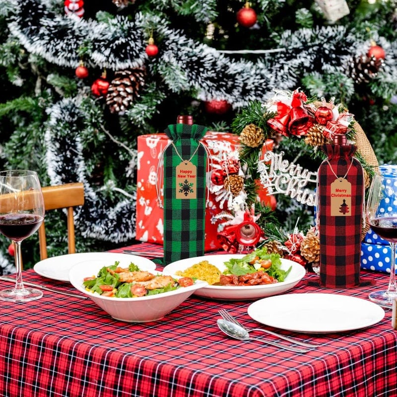 DULEFUN 12pcs Christmas Wine Burlap Bags, Xmas Wine's Bags Classic Buffalo Plaid Wine Bottle Bags Reusable Burlap Xmas wine Bottle Covers Clothes for Christmas New Year Wedding Holiday Parties - Image 5