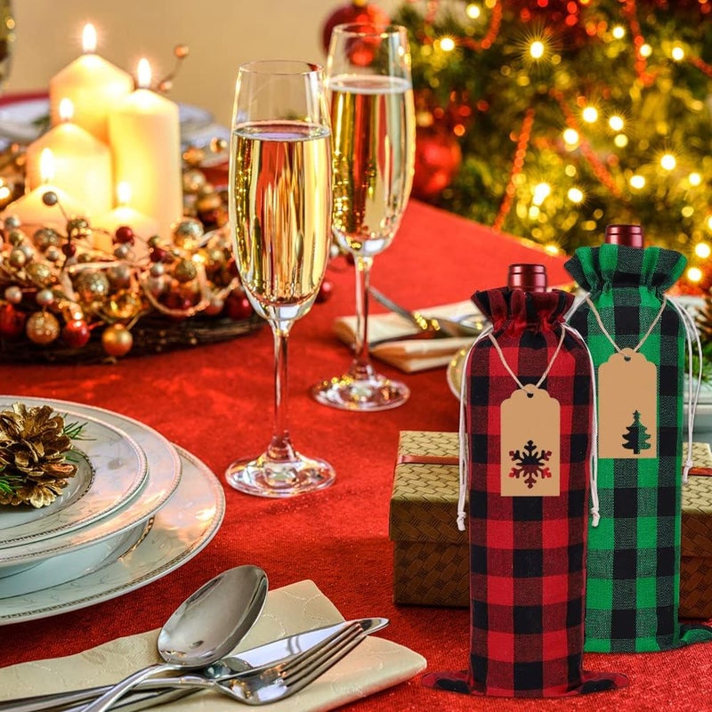 DULEFUN 12pcs Christmas Wine Burlap Bags, Xmas Wine's Bags Classic Buffalo Plaid Wine Bottle Bags Reusable Burlap Xmas wine Bottle Covers Clothes for Christmas New Year Wedding Holiday Parties - Image 4