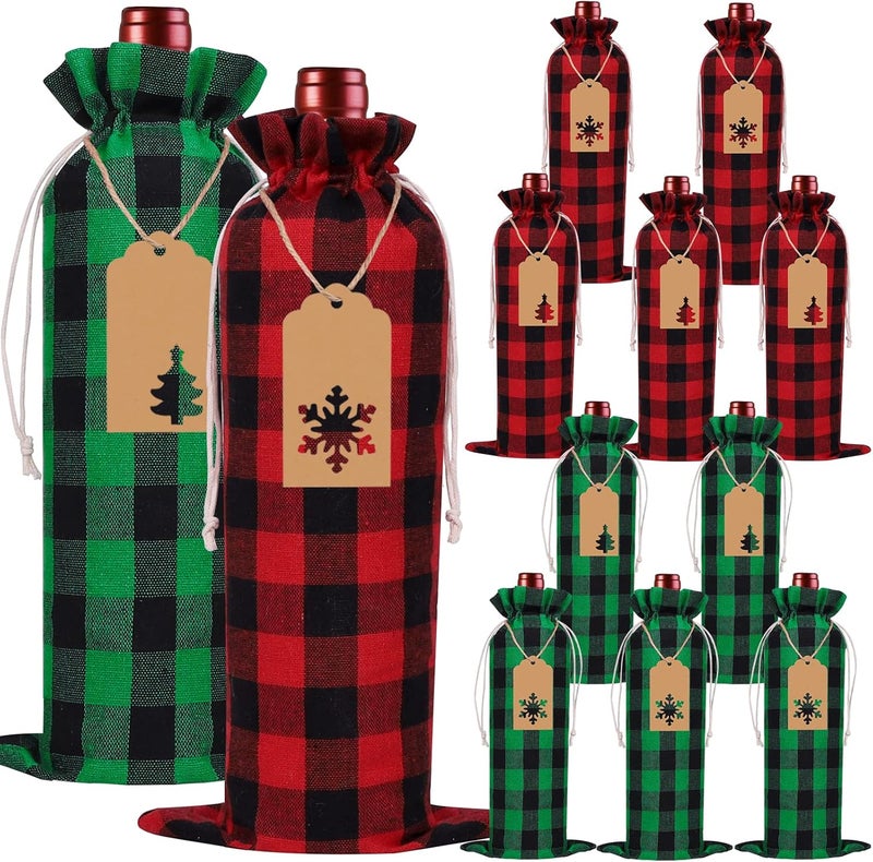 DULEFUN 12pcs Christmas Wine Burlap Bags, Xmas Wine's Bags Classic Buffalo Plaid Wine Bottle Bags Reusable Burlap Xmas wine Bottle Covers Clothes for Christmas New Year Wedding Holiday Parties - Image 1