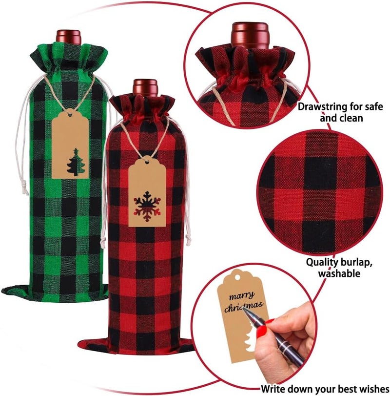 DULEFUN 12pcs Christmas Wine Burlap Bags, Xmas Wine's Bags Classic Buffalo Plaid Wine Bottle Bags Reusable Burlap Xmas wine Bottle Covers Clothes for Christmas New Year Wedding Holiday Parties - Image 3