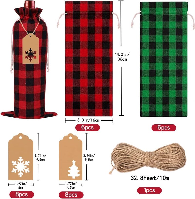 DULEFUN 12pcs Christmas Wine Burlap Bags, Xmas Wine's Bags Classic Buffalo Plaid Wine Bottle Bags Reusable Burlap Xmas wine Bottle Covers Clothes for Christmas New Year Wedding Holiday Parties - Image 2
